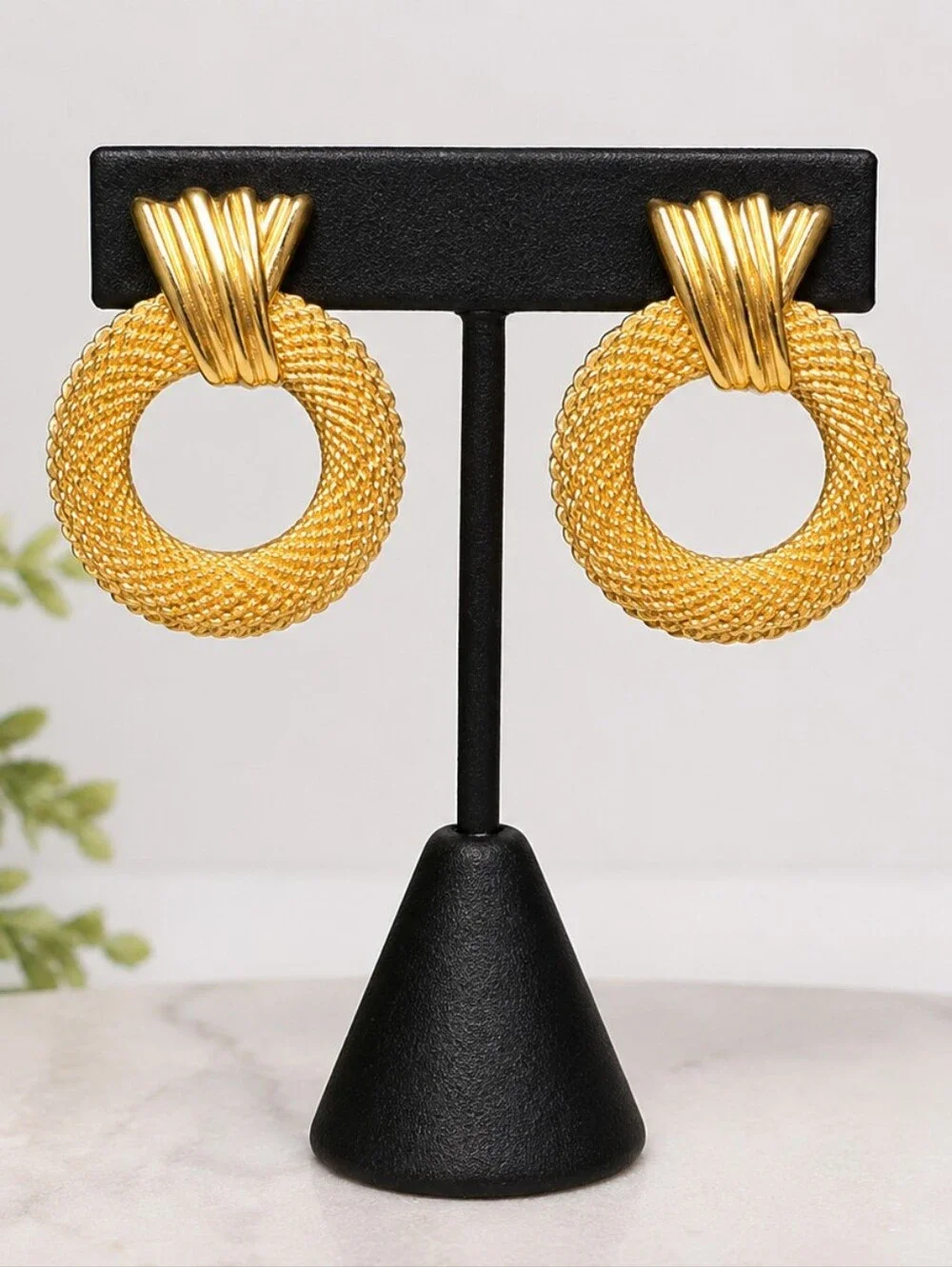 Monet Gold Tone Textured Door Knocker Pierced Earrings 1” x 1.5” Vintage
